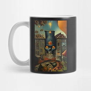 Surrealist painting like digital art of a Skull Cauldron and a village in abstract style Mug